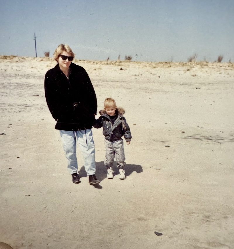 Kathy and her son on Sunset Beach